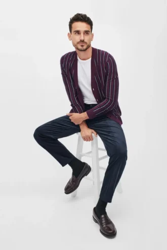 Cardigan rayé en laine mérinos