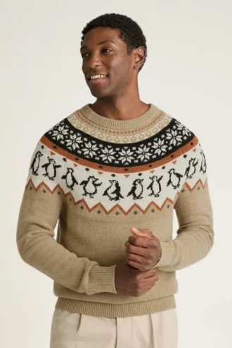 Pull de Noël pour homme par Bonobos | Motif Fair Isle festif avec pingouins